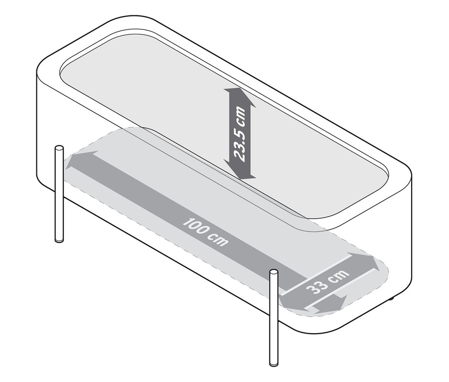 Abbildung einer Bank mit Truhe und den Massen 23.5 cm, 100 cm und 33 cm.