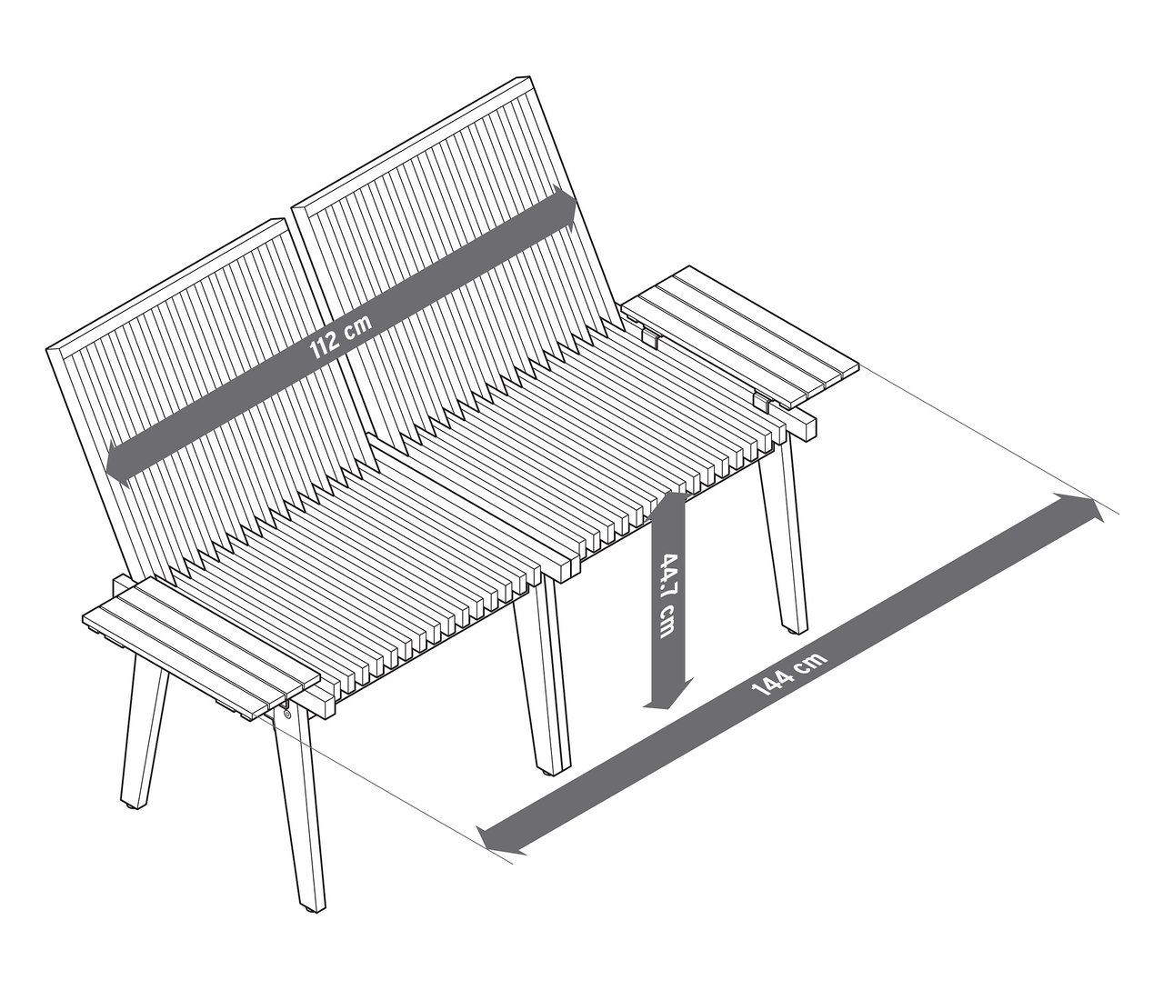 Skizze einer flexiblen Plauderbank mit Breiten- und Höhenmaßen.