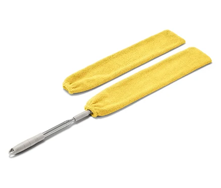 Gelber Staubwedel mit Teleskopstiel und einem zusätzlichen gelben Bezug.