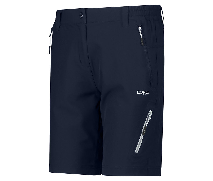 Nahaufnahme der marineblauen CMP Damen-4-Wege-Stretch-Bermuda-Shorts mit Reißverschlusstaschen.