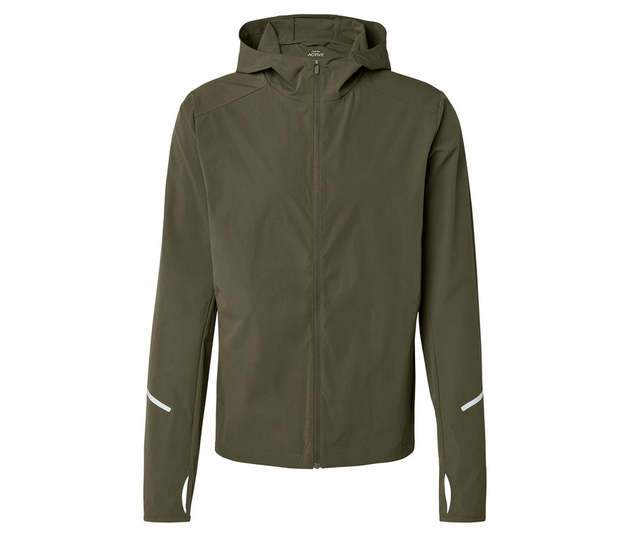 Olivegrüne Active Laufjacke mit Kapuze und reflektierenden Details an den Ärmeln.