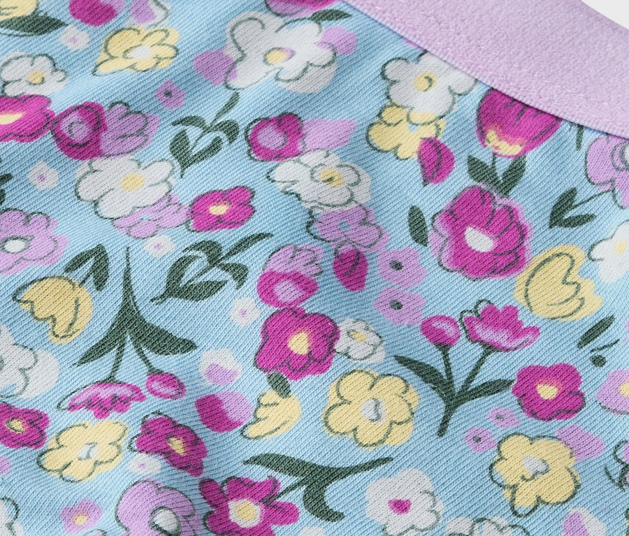 Nahaufnahme eines Stoffes mit Blumenmuster in Rosa, Gelb und Weiß auf hellblauem Grund und einem lila Band.