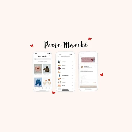 Drei Smartphone-Screenshots der Petit Marché-App, umgeben von kleinen roten Schmetterlingen.