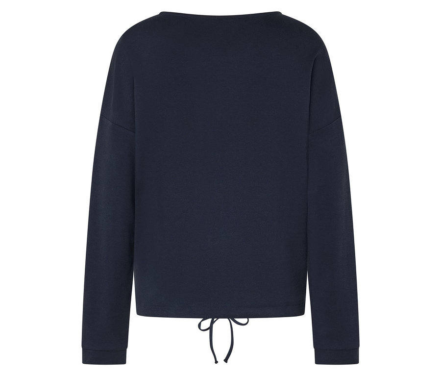 Dunkelblaues Sweatshirt mit langen Ärmeln und Kordelzug am Saum.