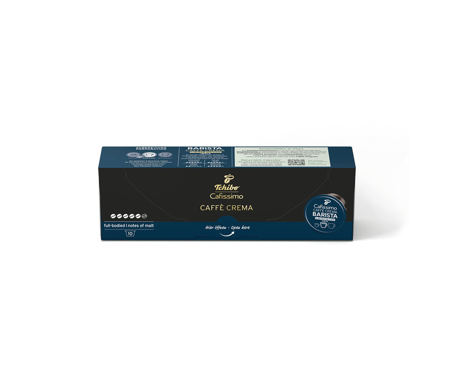 Dunkelblaue Packung Cafissimo BARISTA Caffè Crema India Kaffeekapseln mit der Aufschrift „10 Kapseln“.