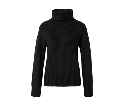 Schwarzer Rollkragenpullover mit geripptem Kragen und Rumpf, sowie langen Ärmeln.