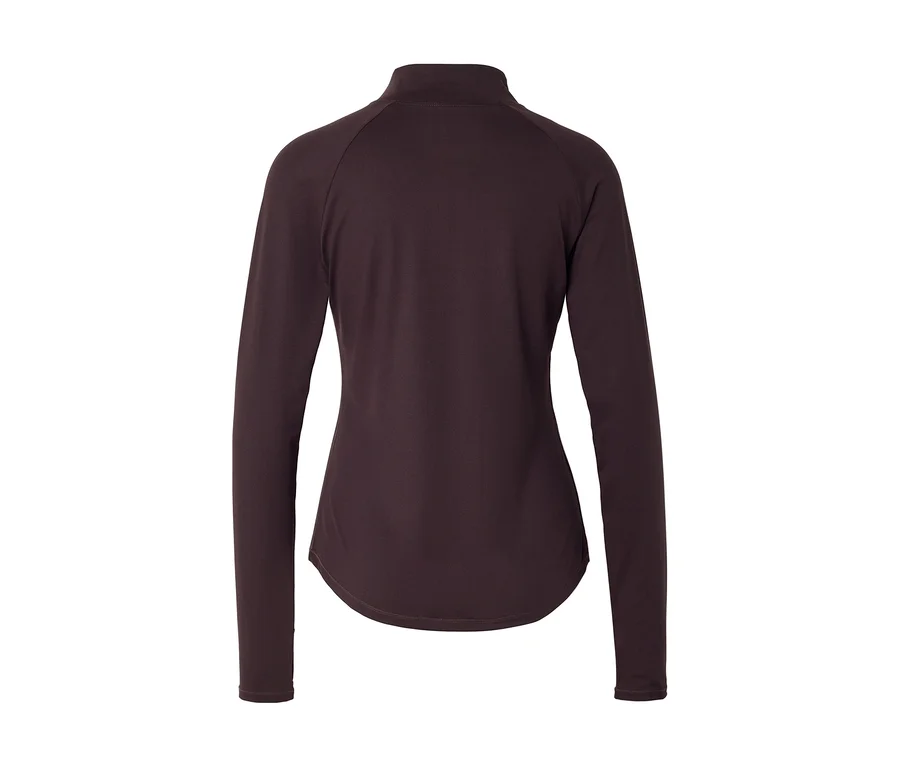 Rückansicht eines dunkelbraunen Langarmshirts mit Stehkragen und Raglanärmeln.