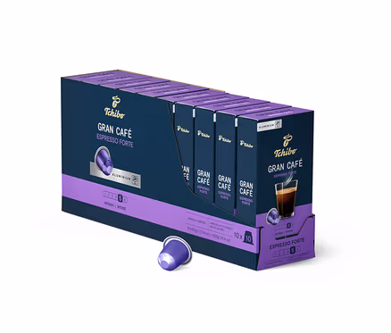 Eine Packung mit 100 Kapseln Gran Café Espresso Forte von Tchibo. Die Kapseln sind lila und silber.