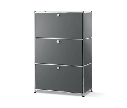 Ein mattgraues Metallregal mit 3 Klappfächern.