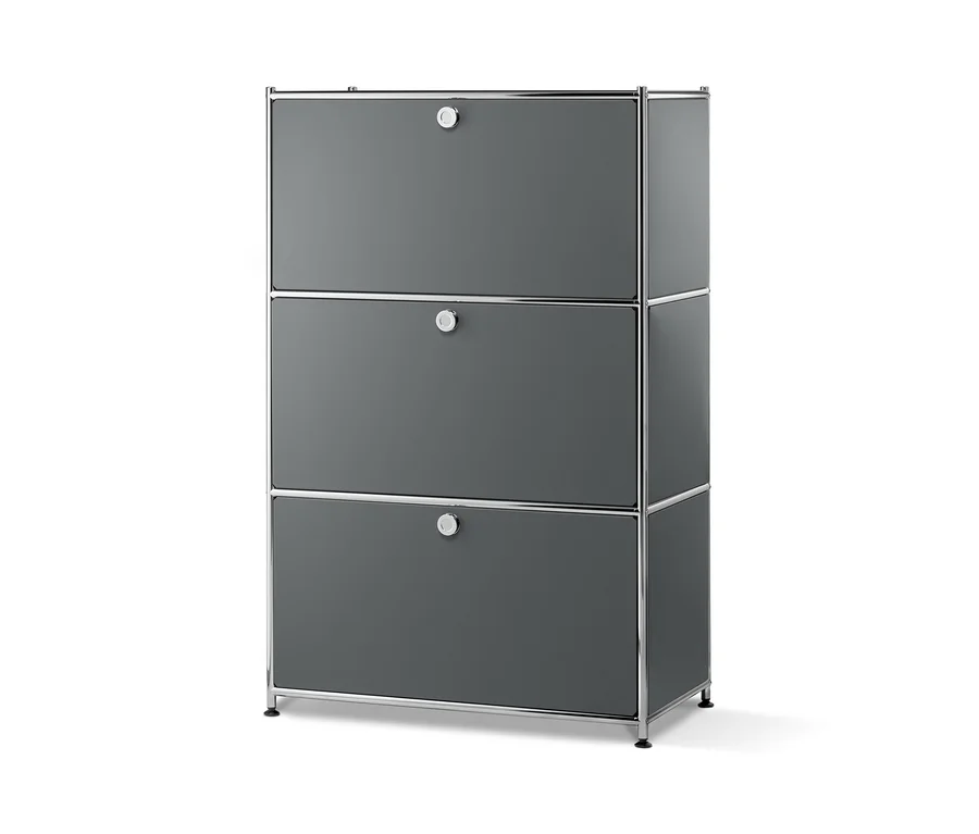 Ein mattgraues Metallregal mit 3 Klappfächern.
