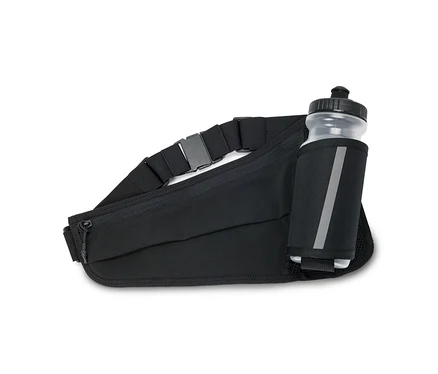 Schwarze Gürteltasche mit Reißverschluss und verstellbarem Gurt, inklusive durchsichtiger Wasserflasche in einer Seitentasche.