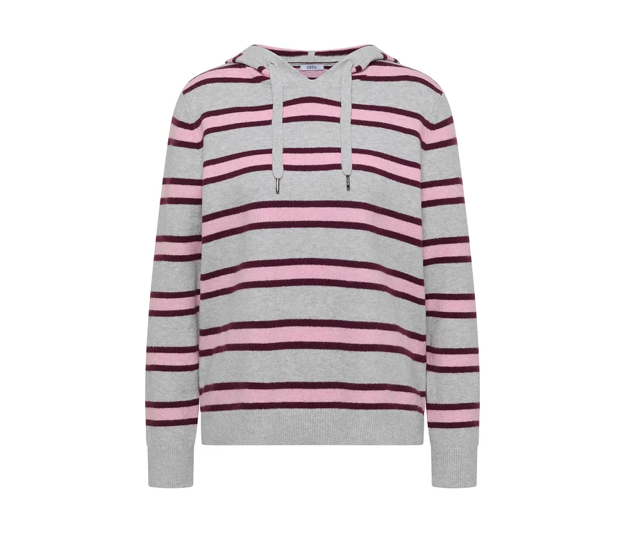 CECIL Strick-Hoodie in Hellgrau mit rosa und dunkelrosa Querstreifen.