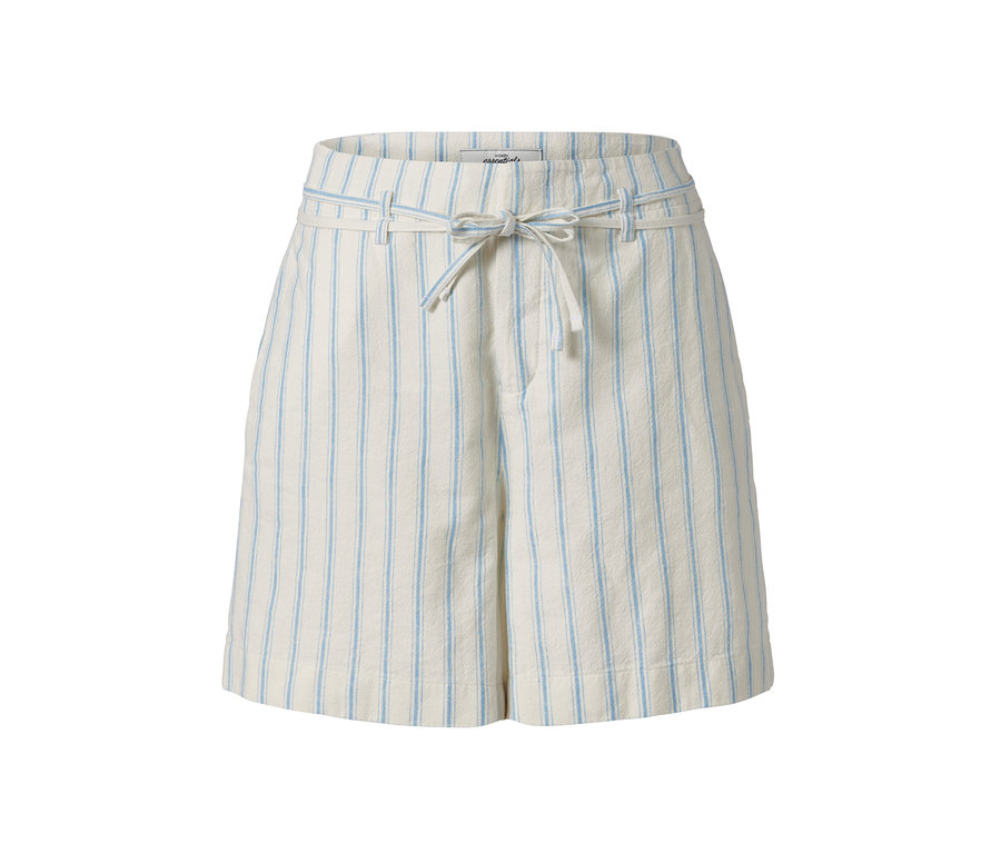 Beige Webshorts mit blauen Streifen und Kordelzug in der Taille.