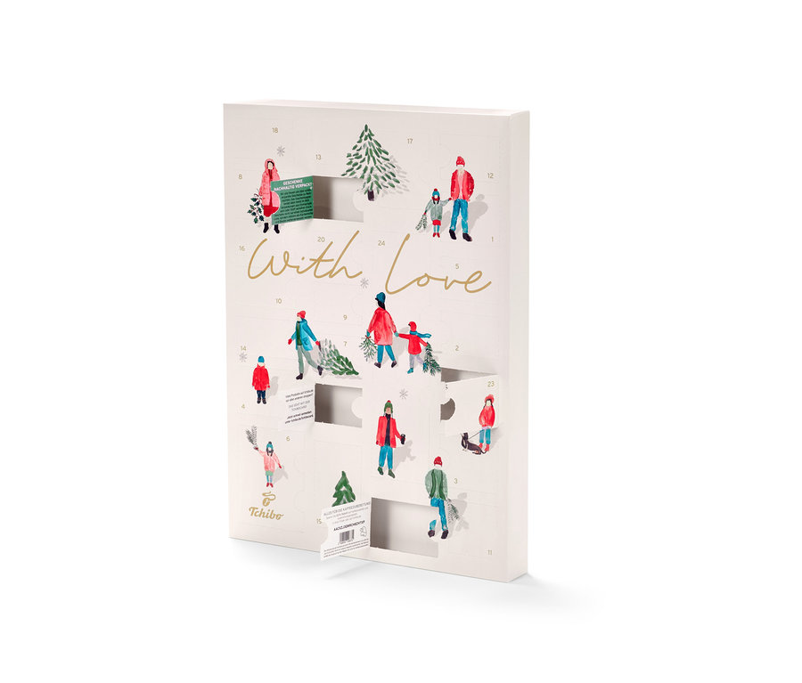 Tchibo Adventskalender mit Illustrationen von Menschen und Weihnachtsbäumen.