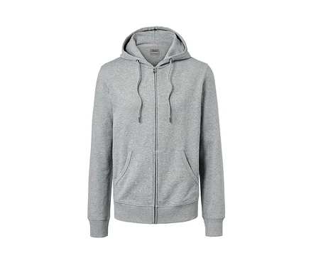 Graue Sweatjacke mit Reißverschluss und Kapuze.