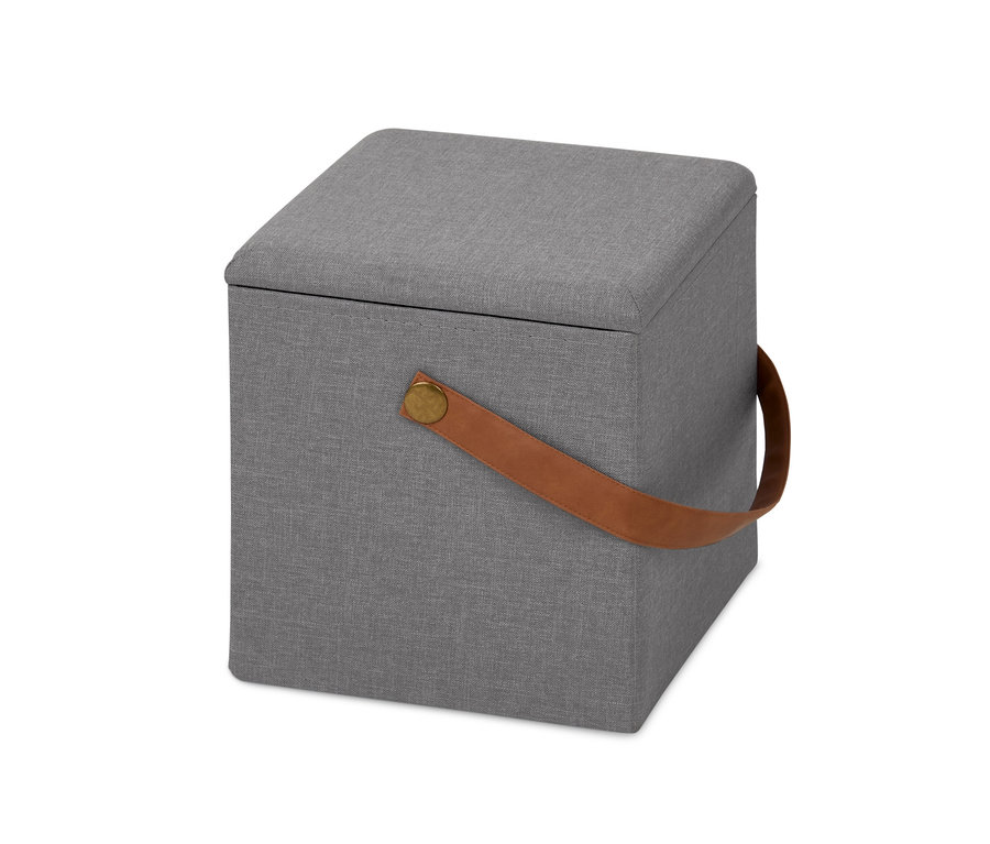 Graue Stauraumbox mit Ledergriff.
