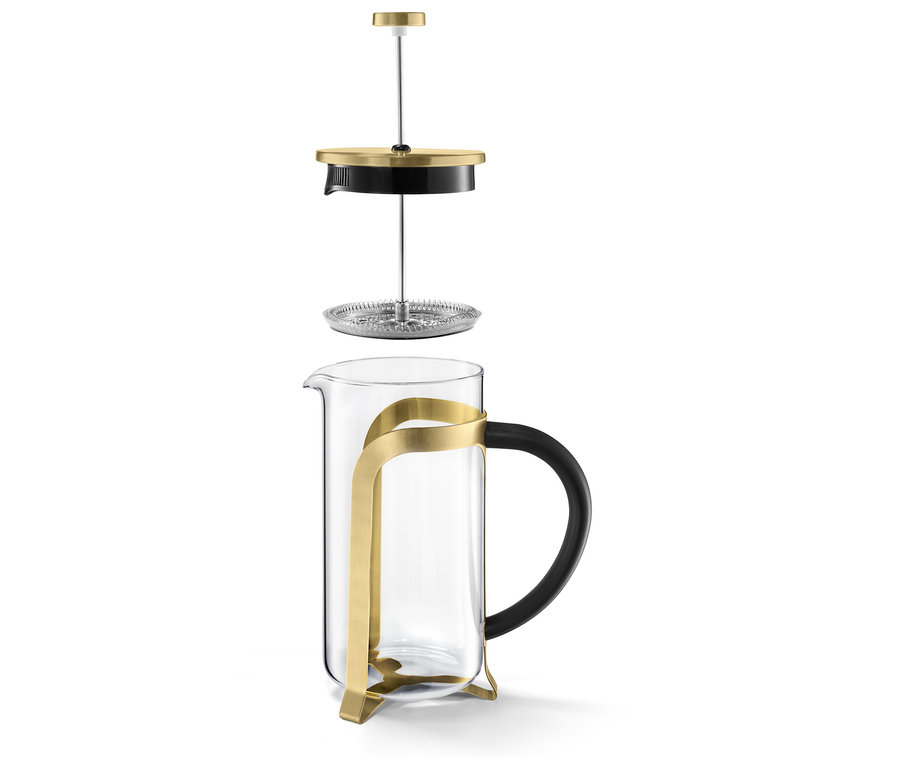 Zerlegte goldene Siebstempelkanne 800 ml für 6 Tassen.