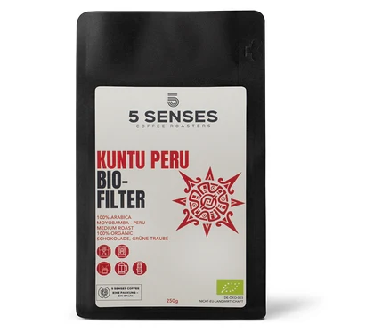 Eine 250-g-Packung 5 Senses Kuntu Peru Bio-Filterkaffee - Ganze Bohne.