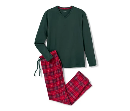 Grünes langärmeliges T-Shirt und rot karierte Flanellhose. Pyjama mit Flanellhose, grün/rot