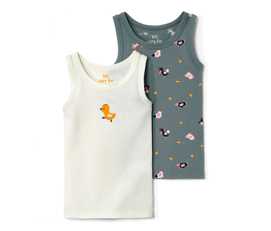 Zwei Kleinkind-Unterhemden mit Farm-Print, eins weiss mit Küken und eins grau mit Hühnern.