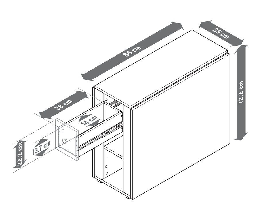 Zeichnung eines Schranks mit offener Schublade und hervorgehobenen Abmessungen.