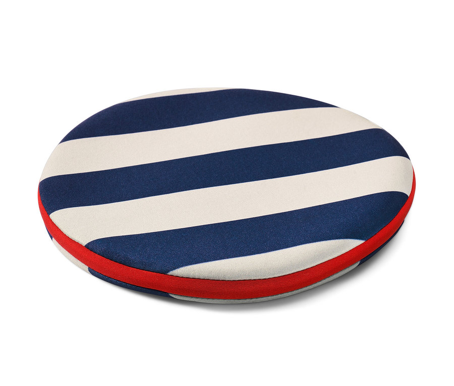 Sport-Wurfscheibe mit blauen und weißen Streifen und rotem Rand.