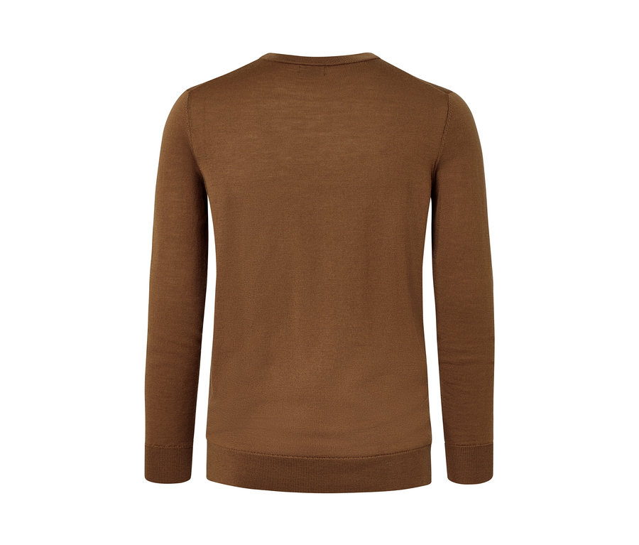 Detailansicht eines cognacfarbenen Merino-Pullovers.