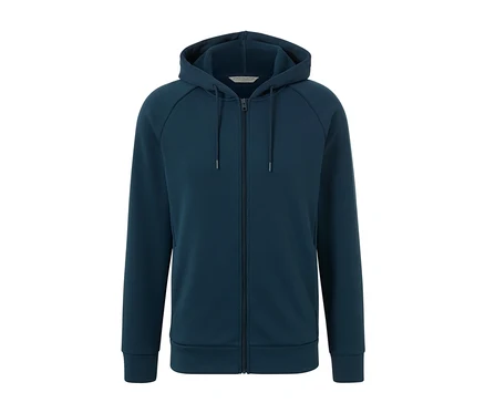 Eine marineblaue Funktions-Kapuzenjacke mit Reißverschluss in der Mitte.