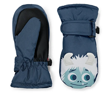 Zwei blaue Kinderfäustlinge mit einem Cartoon-Gesicht.