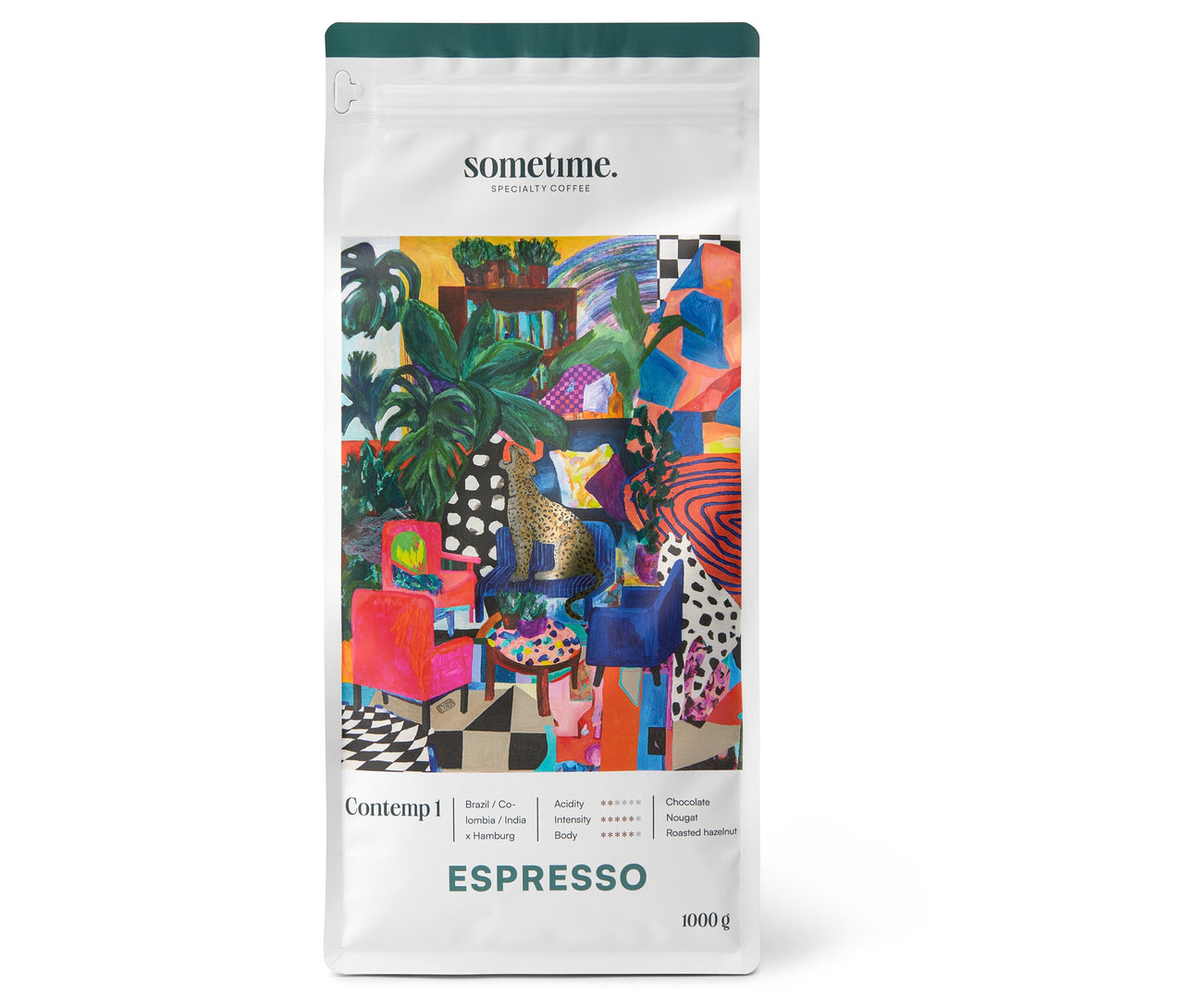 Weiße Packung sometime - CONTEMP 1 Espresso - 1 kg Ganze Bohne mit farbigem Kunstwerk.