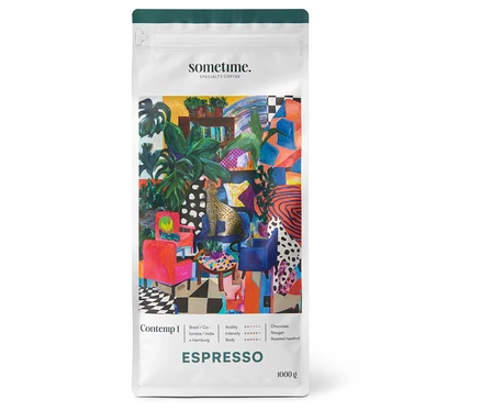 Weiße Packung sometime - CONTEMP 1 Espresso - 1 kg Ganze Bohne mit farbigem Kunstwerk.