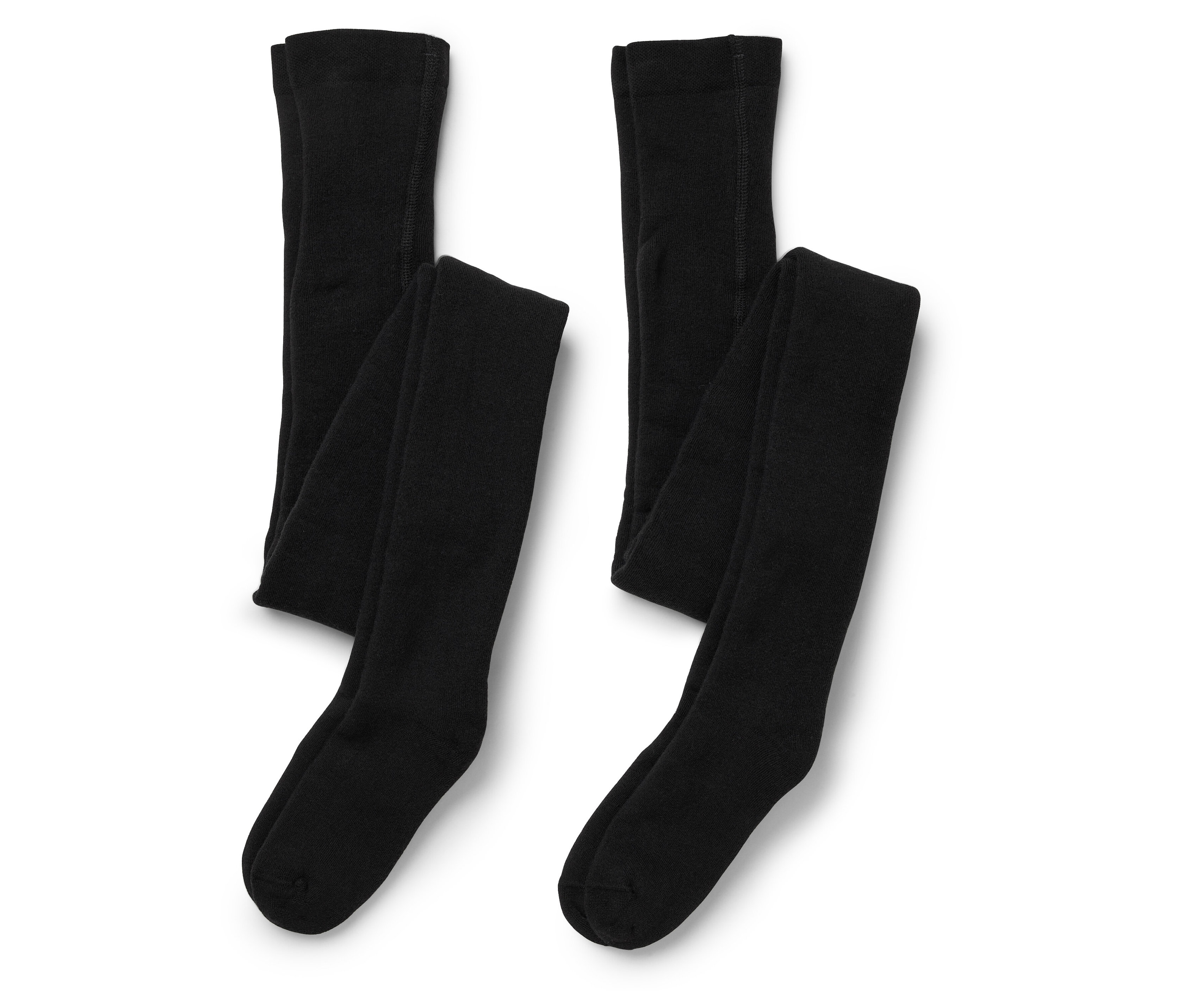 Zwei schwarze, blickdichte Strumpfhosen liegen auf einem weißen Hintergrund.