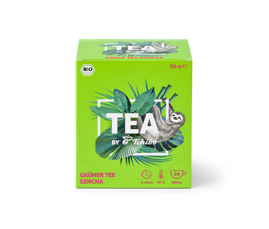 Packung TEA by Tchibo Bio Grüner Tee Sencha - 8x 20 Teebeutel mit Faultier.