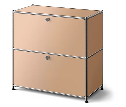 Beiger Schrank mit zwei Schubladen und silbernem Rahmen.