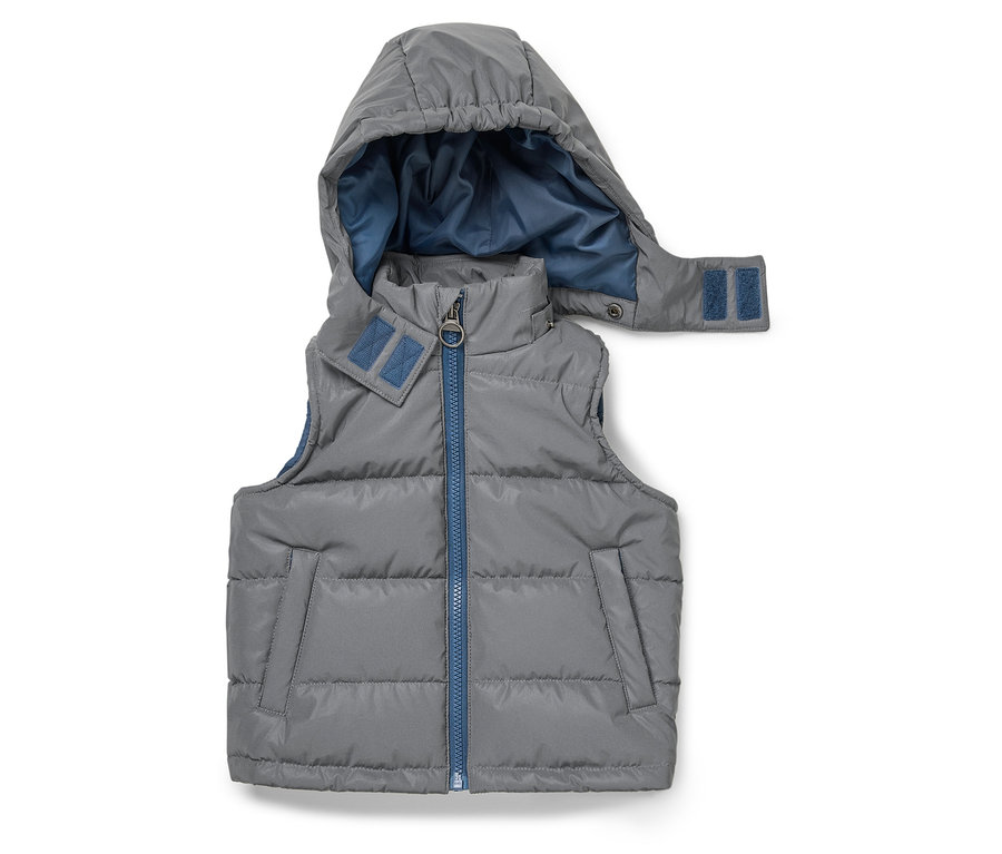 Graue Steppweste mit Kapuze und blauem Reißverschluss.