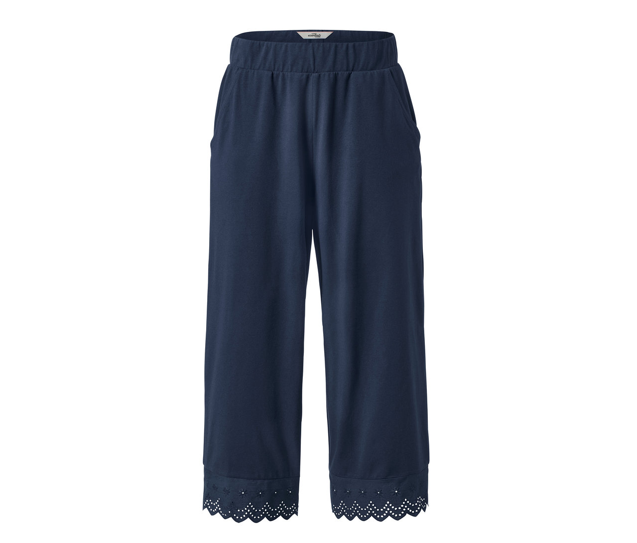 Marineblaue Culotte mit Stickerei am Saum.