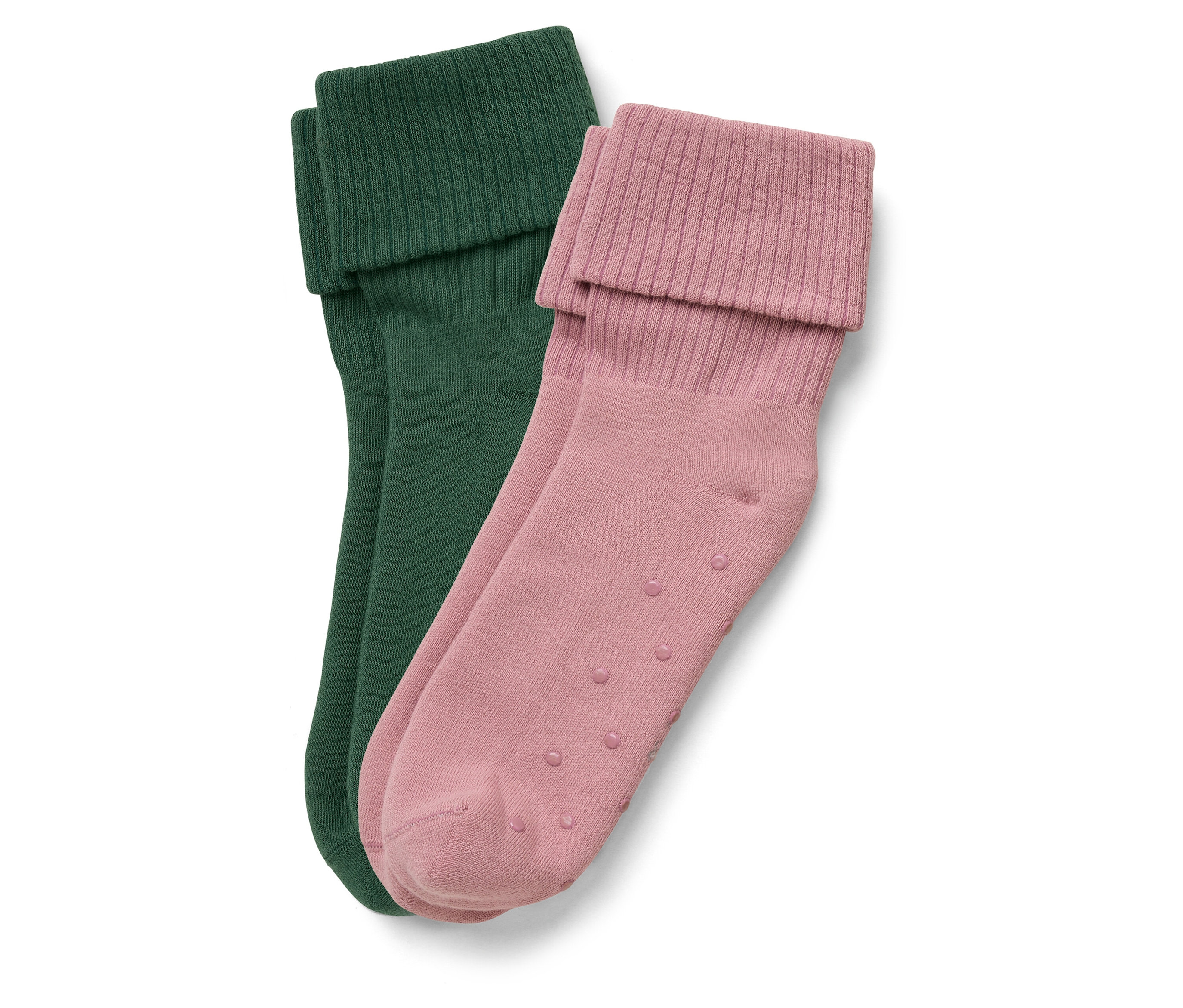 Zwei Paar Socken: ein Paar dunkelgrün, ein Paar rosa.