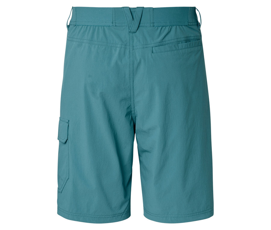 Rückansicht von türkisfarbenen Shorts mit einer Tasche am linken Bein.