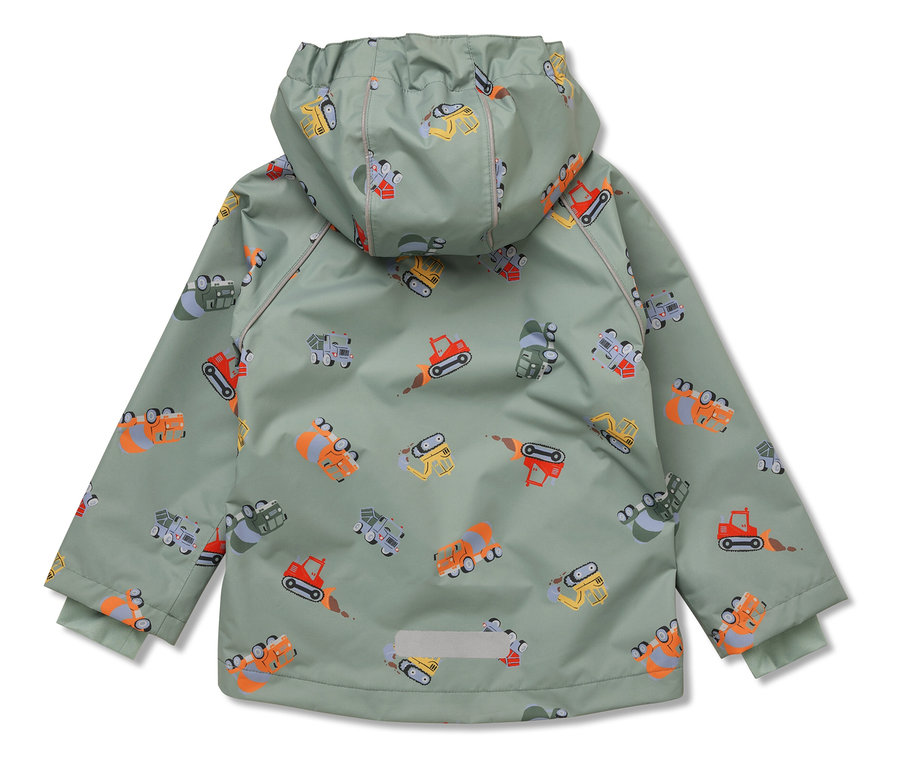 Grüne Kinderregenjacke mit Bagger- und Baustellenfahrzeugmuster.