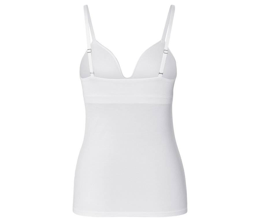 Rückansicht eines weißen Tanktops mit V-Ausschnitt und verstellbaren Trägern.
