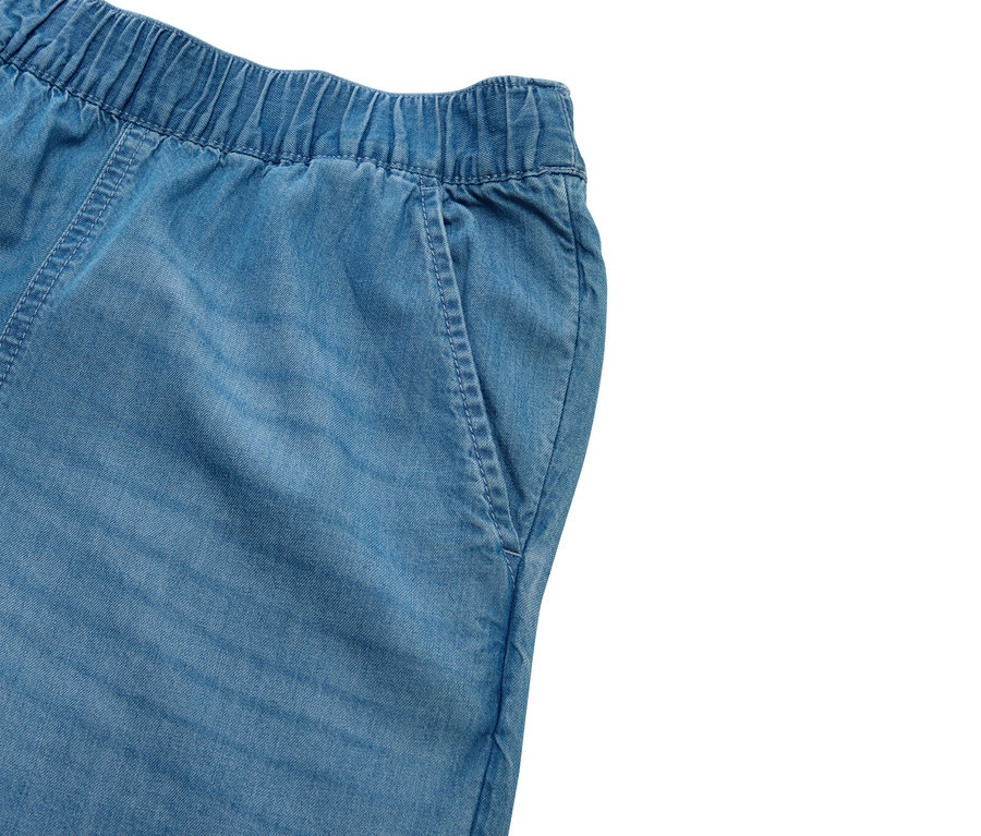 Detailaufnahme einer hellblauen Hose mit Gummibund und einer Seitentasche.