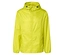 Hellgelbe, leichte Regenjacke mit Kapuze, Reißverschluss und Taschen.