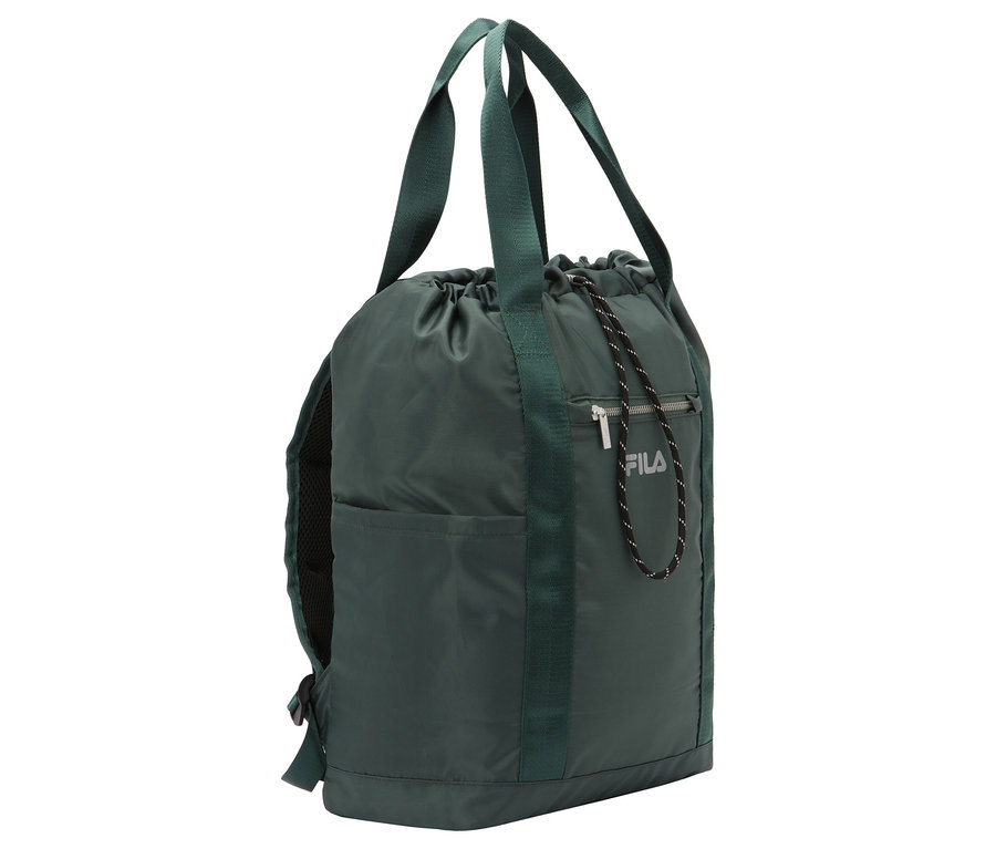Grüne FILA Sporttasche mit Kordelzug und Reißverschlusstasche von der Seite.