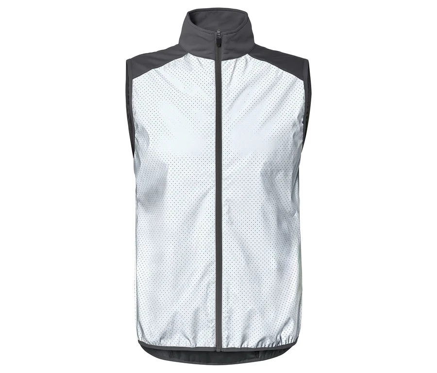 Ärmellose, weiße Jacke mit Reißverschluss und grauem Kragen, Schultern und Saum.