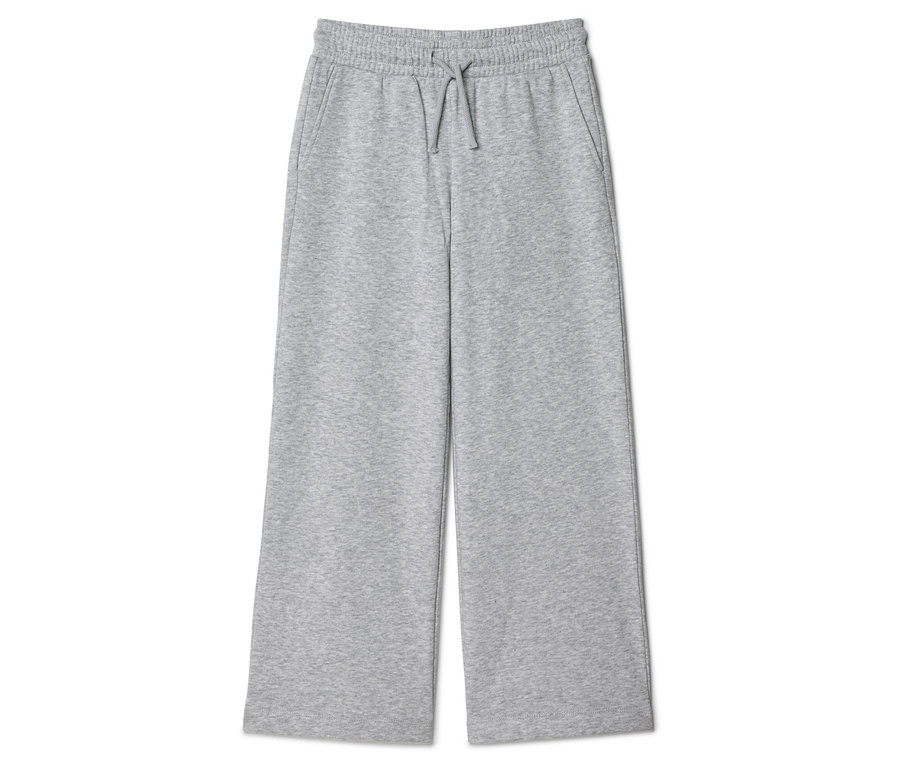 Graue, weite Stoffhose mit Kordelzug und Taschen, liegend auf weißem Hintergrund.