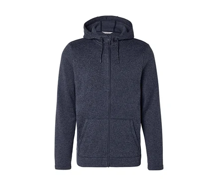 Dunkelblauer, melierter Kapuzenpullover mit Reißverschluss, Kapuze, Kordelzügen und zwei Vordertaschen.