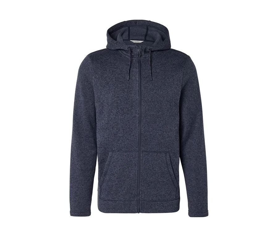 Dunkelblauer, melierter Kapuzenpullover mit Reißverschluss, Kapuze, Kordelzügen und zwei Vordertaschen.