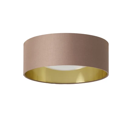 Zylindrische Deckenleuchte mit beigem Stoffschirm und goldener Innenseite, weißer Diffusor.