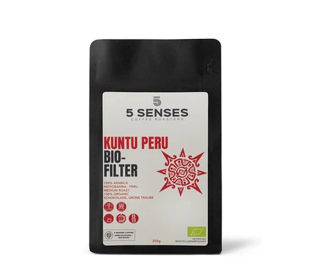Eine 250-g-Packung 5 Senses Kuntu Peru Bio-Filterkaffee - Ganze Bohne.