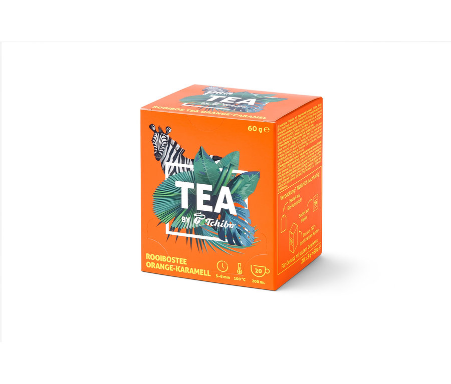 Orangefarbener Karton TEA by Tchibo Rooibos Orange-Karamell - 8x 20 Teebeutel.